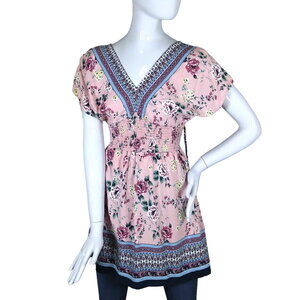 Bebop Pink / Blue Floral Size Small V Neck Mini Dress Tie on Back Elastic Waist